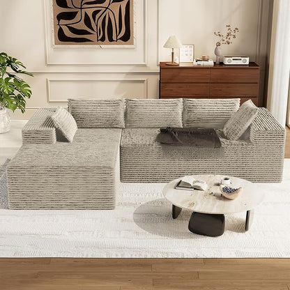 Kingdura 105.5'' Cloud Sectional Couch with L-Shape Chaise, Beige Modern Modular Sofa with Deep Seat, Corduroy Fabric, No Assembly Required, Upholstered Couches for Living Room Bedroom
