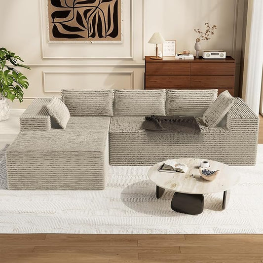 Kingdura 105.5'' Cloud Sectional Couch with L-Shape Chaise, Beige Modern Modular Sofa with Deep Seat, Corduroy Fabric, No Assembly Required, Upholstered Couches for Living Room Bedroom