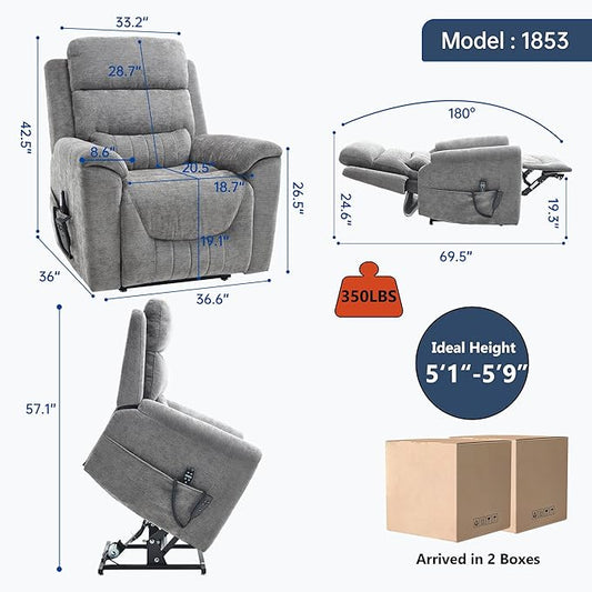 Power Lift Recliner Chair for Elderly People, Dual Motor Lay Flat Recliner with Vibration Massage and Heat, Heavy Duty Motion Mechanism Standing Assistance Reclining Chair, Chenille Fabric Dark Gray