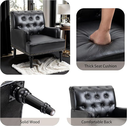 MOJAY Faux Leather Accent Chair, Mid-Century Armchair Living Room Sofa Chair with Rubber Wood Leg, Club Chair with Rivet Trim for Bedroom Reading Room Reception (Black)