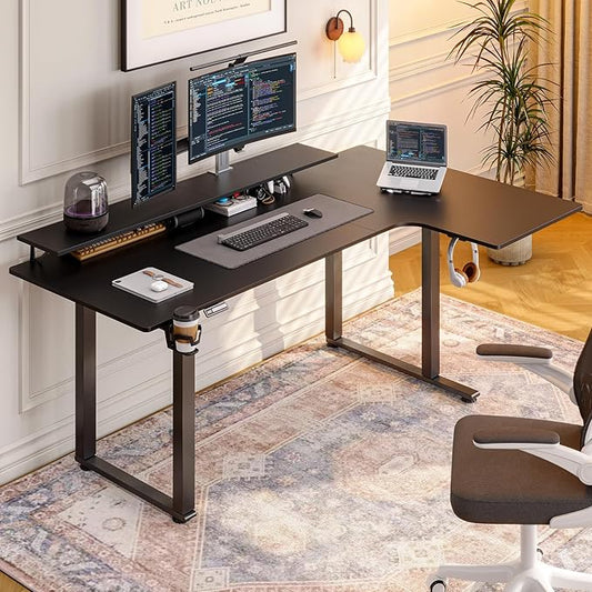 L Shaped Standing Desk, 63x43'' Electric L Stand Up Desk with 2 Adjustable Monitor Shelves, Dual Motor and Memory Controller, Adjustable Height from 28-46'' for Home and Computer Workstation, Black