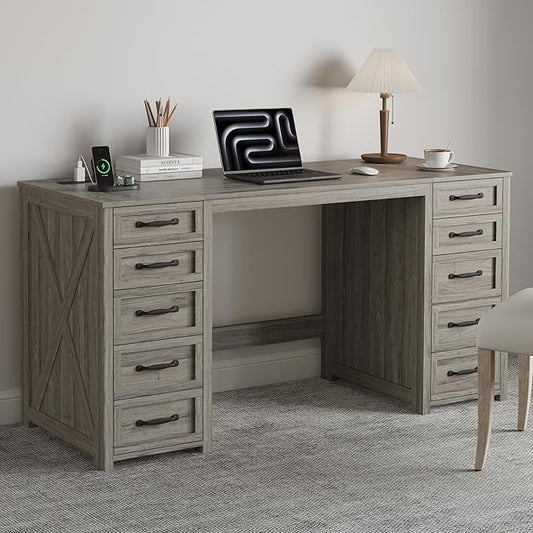 WOPITUES 60" Farmhouse Home Office Desk with 10 Wooden Drawers, Rustic Computer Writing Desk with Power Outlets, Large Executive Desk with Storage Cabinet for Work Study Writing Craft, Wood Grain Gray