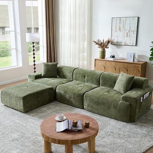LIDYUK 118" Modern L-Shaped Boneless Couch Modular Sectional Sofa for Living Room, Chenille Upholstery Green, Oversized 3-Seater Sectional Couch with Deep Seat and Movable Ottoman, No Assembly