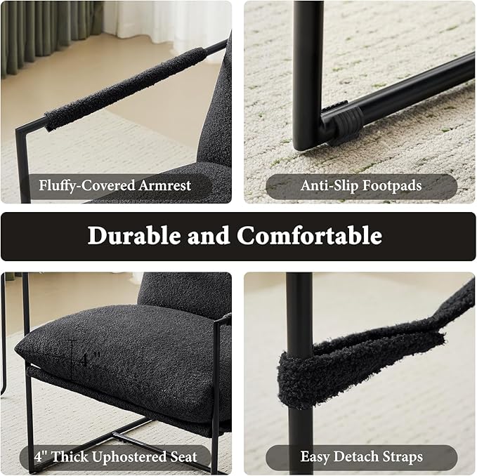 Furnilivng Large Sling Accent Chair Set of 2, Comfortable Boucle Fabric Arm Chair, Upholstered Cozy Reading Chair for Living Room, Bedroom, Dressing Room, Home Office, Black