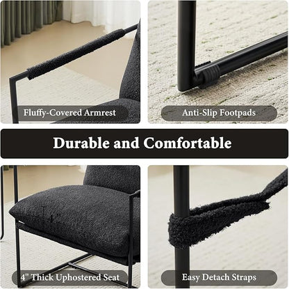 Furnilivng Large Sling Accent Chair Set of 2, Comfortable Boucle Fabric Arm Chair, Upholstered Cozy Reading Chair for Living Room, Bedroom, Dressing Room, Home Office, Black