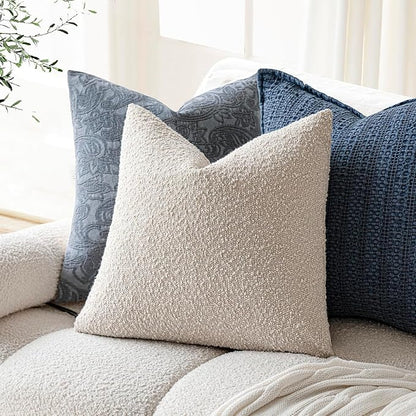 Foindtower Pack of 2, Decorative Textured Boucle Throw Pillow Covers Accent Solid Pillow Cases Cozy Soft Couch Cushion Case for Chair Sofa Bedroom Living Room Home Decor 22 x 22 Inch Ivory Beige