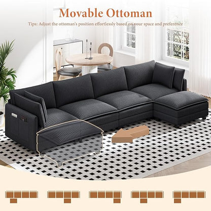 Vesgantti 143" L Shaped Modular Sectional Sofa, Comfy Corduroy Upholstered Modular Sectional Couches for Living Room, Modern Cloud Couch with Ottoman Deep Seat, Dark Grey
