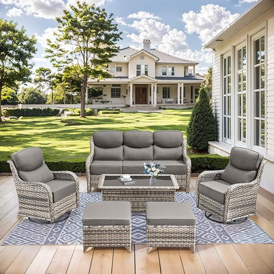 HUMMUH 8 Pieces Wicker Patio Furniture Set with Patio Swivel Chairs Set of 4,High Back Outdoor Sofa Coffee Table Ottomans,6 Inch Thick Cushions Outdoor Conversation Set for Porch, Balcony, Deck