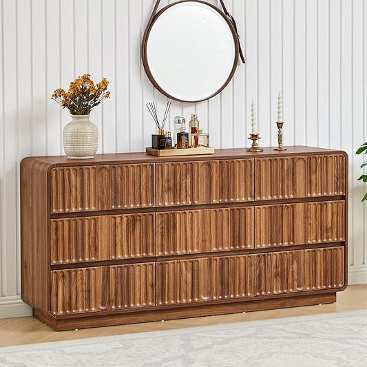 Fluted 9 Drawer Dresser for Bedroom, 60" Wide Modern Chest of Storage Drawers, Wood Dresser & Chest of Drawers with Curved Corners, Dressers TV Stand for Living Room (60" Walnut 9 Drawer)