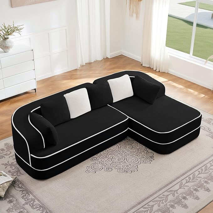 106" Cloud Sectional Sofa, Modern Boneless Couch for Living Room, Deep Seat Comfy Teddy Fabric L Shaped Sofa Chaise, No Assembly Required (Black, 106" L Shape with Right Facing Chaise)