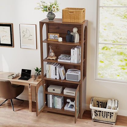 RARZOE 71" Tall Bookshelf and Bookcase, 5-Tier Arched Bookshelf with Glass Doors, Floor Standing 5 Shelf Book case, Wood Display Cabinet Storage Organizer for Living Room, Bedroom, Office(Walnut)