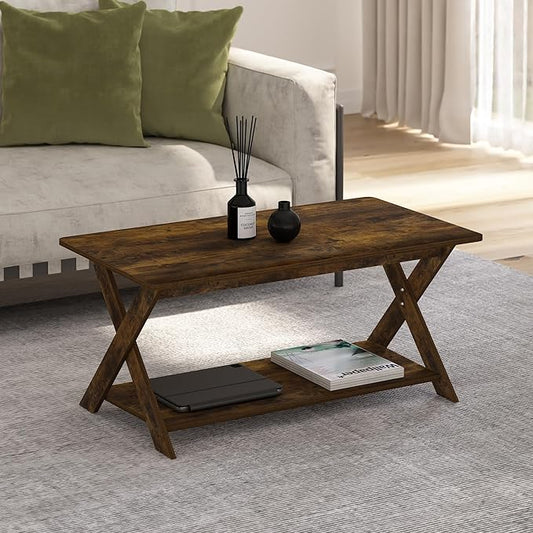 Furinno Modern Simplistic Coffee Table, Rectangle Modern Coffee Table with X-Legs, Criss-Crossed Side Table, for Living Room, Bedroom, Home Office, Amber Pine