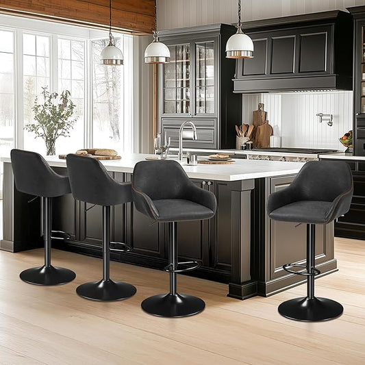 Yaheetech Bar Stools Set of 4, PU Leather Swivel Counter Height Barstools, Adjustable Bar Chairs with Backrest and Footrest, Kitchen Island Stool for Home Kitchen, Black
