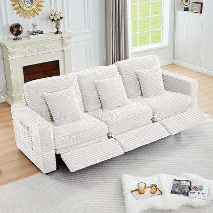 ORRD Power Reclining Sectional Sofa, Electric 3 Seat Recliner with 3 Electric Footrest and Adjustable Headrest, Modern Plush Corduroy Fluffy Reclining Sectional with Deep Seat for Living Room-White