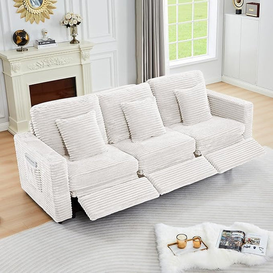 ORRD Power Reclining Sectional Sofa, Electric 3 Seat Recliner with 3 Electric Footrest and Adjustable Headrest, Modern Plush Corduroy Fluffy Reclining Sectional with Deep Seat for Living Room-White