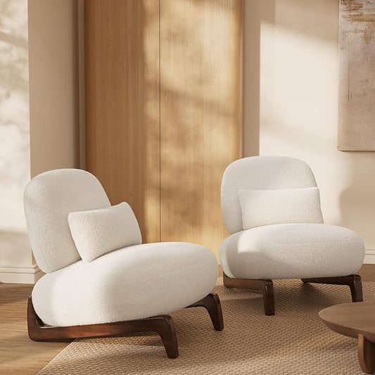 Morden Fort Cloud Boucle Chairs - Modern Accent Chairs Set of 2, Sturdy Tilted Wood Legs with Thick Cushion Comfy Lumbar Pillow Armless Reading Chairs for Living Room Lounge Bedroom - Off White