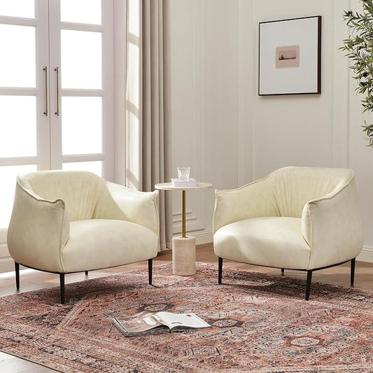 KINWELL 33" W Faux Leather Barrel Chairs Set of 2 with Hand-Tufted Pleated Back Flared Arms, Modern PU Upholstered Accent Chairs with Metal Legs, Large Armchairs Lounge Chairs for Living Room, Cream