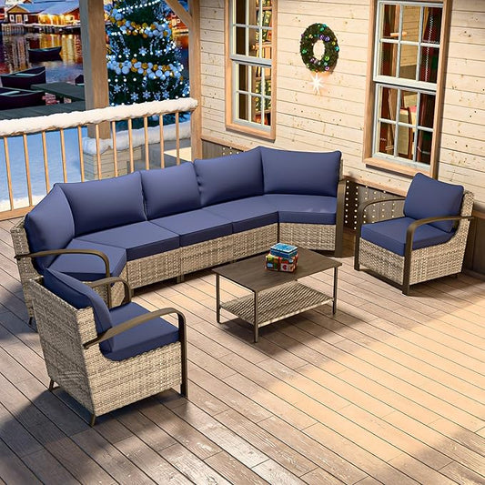 COOS BAY Aurora Terrace Half-Moon Outdoor Furniture Set, Rattan Conversation Set with Patio Chairs, Curved 5-Seat Sofa, Coffee Table, Seats 7, Beige/Blue