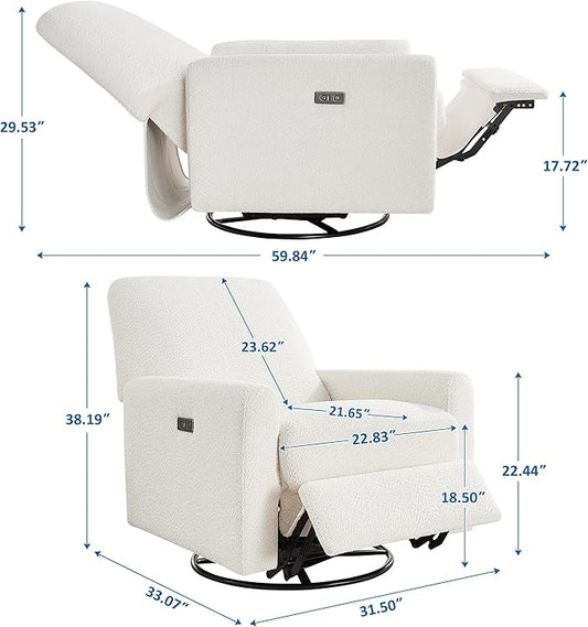 VANOMi Power Swivel Glider Recliner Chair, Electric Nursery Rocker Recliner Chair, USB & Type-C Charger, Boucle White