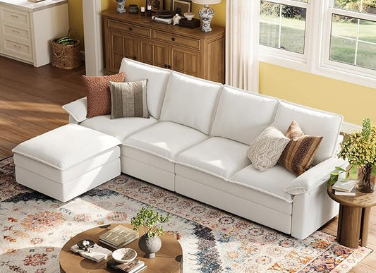 LINSY HOME Modular Cloud Couch, 113" L Shaped Sectional Sofa with Double Layer Cushions and Ottoman, Chenille 4 Seater Sofa Set for Living Room, Apartment, Beige
