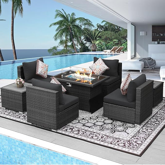 NICESOUL 7 Piece Outdoor Sectional Sofa Set with Fire Pit Natural Gas/Propane, 29.3'' High Back Comfortable Oversized Patio Wicker Furniture Set, Heavy Duty Conversations for Garden Backyard, Gray