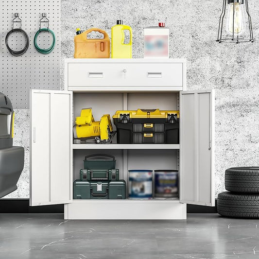 Metal Storage Cabinet with Drawer, 36" H White Locking Metal Cabinet, Adjustable Shelf File Cabinet Cabinet with Doors for Home Office, Garage, Warehouse, Laundry Room, Basement