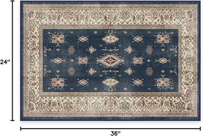 RUGGABLE Washable Vintage Area Rug – Verena Sapphire 2x3, Stain-Resistant, Non-Slip – Small Machine Washable Rugs for Living Room, Bedroom, Hallway, Entryway & Bathroom–with Standard Pad