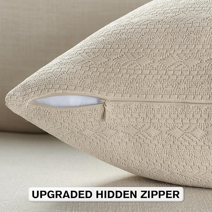 FUTEI Beige Chenille Throw Pillow Covers 22x22 Inch Set of 2,Soft Striped & Diamond Textured Cushion Cases,Modern Home Decor for Couch Living Room