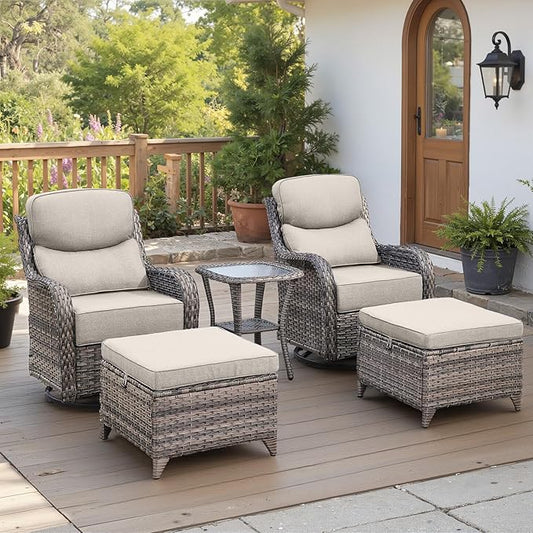 Belord Luxury 6" Thick Cushioned 5 Pieces Patio Furniture Set with 2 Ottomans, Wicker Outdoor Conversation Set with High Back Swivel Rocker Patio Chairs for Deck Porch Yard and Poolside - Grey+Beige