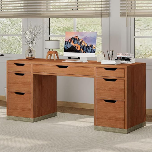 54 Inch Executive Desk with Drawers, Computer Desk with 7 Drawers for Bedroom, Office Desk with File Cabinet for Work Study Writing, Small Spaces, Brown