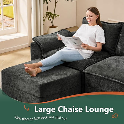 Hobestluk 120" Cloud Modular Sectional Couch 3-Seater Sofa with Ottoman L Shaped Sofa with Removable Cover Large Sofa Couch for Living Room (Dark Grey, 3-Seater Sofa with One Ottoman)