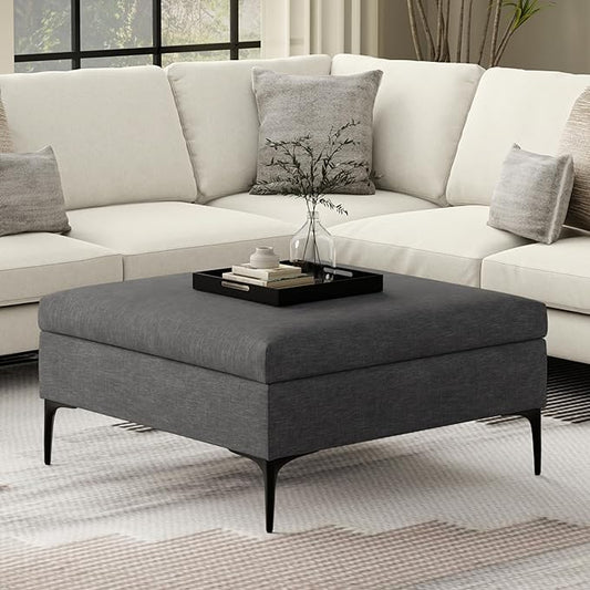 SIMPLIHOME Rebecca 36 inch Wide Contemporary Square Mid Century Coffee Table Storage Ottoman with Lift Up Lid in Slate Grey Polyester Linen, Assembled, For the Living Room, Entryway and Family Room