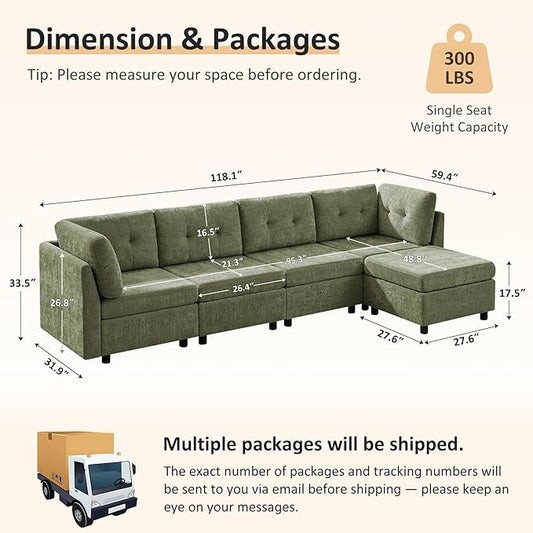 VANOMi 4 Seat Cloud Couches for Living Room with Ottoman, 118" Modular Sectional Sofas & Couches, Cozy Chenille Cloud Sectional Couch Sofa for Apartment, Office, Olive Green, L Shaped