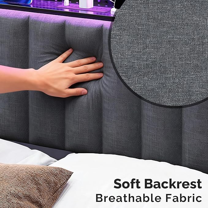 VINGLI Queen Size Headboard Only, Adjustable Upholstered Headboard with 2 Tier Shelves and Pegboard with Charging Stations and LED Lights, Modern Bed Headboard with Storage for Bedroom Decor