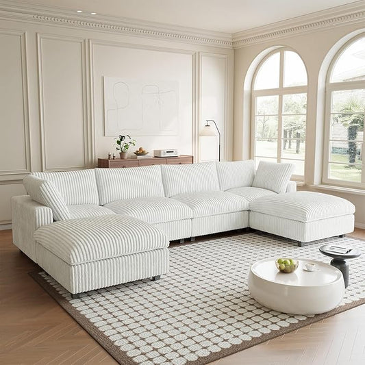 Modular Sectional Sofa, Convertible U Shaped Sofa with Chaise Ottoman, Deep Seat Cloud Sectional Couch, 6 Seat Comfy Modular Couch for Living Room, Office, Apartment, Beige