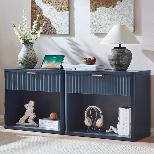 LEYAOYAO 31" Wide Fluted Nightstand Set of 2 with Charging Station, Oversized Extra Large 1 Drawer Night Stand with Golden Handle, Blue Wood Bedside Table Tall End Tables,for Bedroom, Living Room