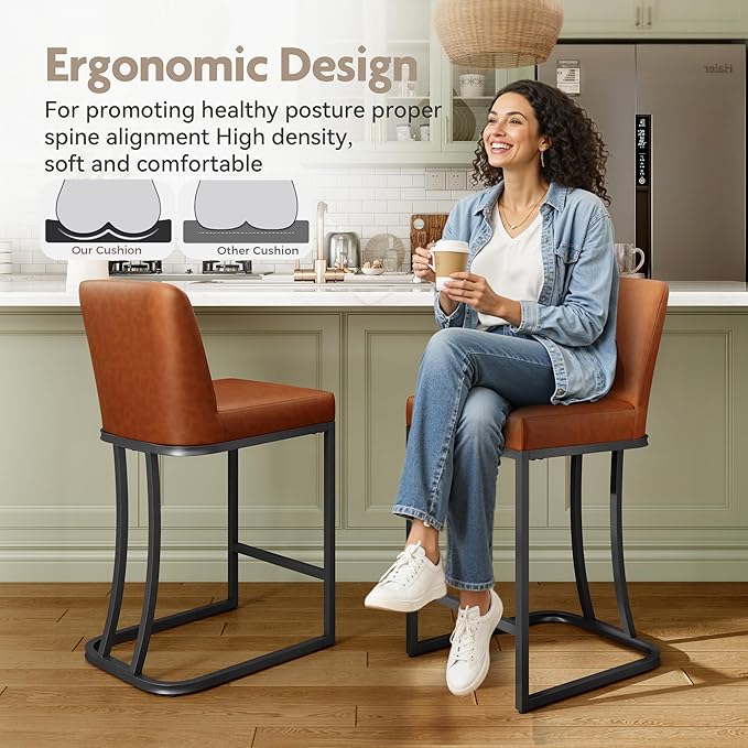 MAISON ARTS Counter Height Bar Stools with Back Set of 2 for Kitchen Counter, 24 Inch Modern Upholstered Faux Leather Barstools Farmhouse Bar Chairs Luxury Island Stools Support 330LBS, Brown