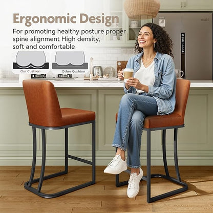 MAISON ARTS Counter Height Bar Stools with Back Set of 2 for Kitchen Counter, 24 Inch Modern Upholstered Faux Leather Barstools Farmhouse Bar Chairs Luxury Island Stools Support 330LBS, Brown