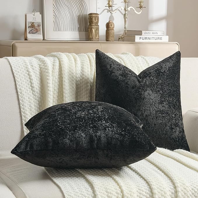 FUTEI Black Flannel Throw Pillow Covers 26x26 Inch Set of 2,Soft Dimensional Textured Euro Pillow Shams,Modern Home Decor for Couch Living Room