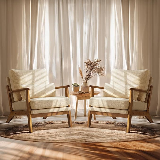 VINGLI Solid Wood Wide Armrests Accent Chair Set of 2,Upholstered Mid Century Modern Chair with Pillow,Farmhouse Arm Chair Comfy Reading Chair,Chairs Living Room,Bedroom,Guest Room,Teddy Fleece,Khaki