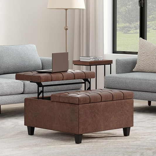 SIMPLIHOME Harrison 30 inch Wide Transitional Square Small Coffee Table Storage Ottoman in Distressed Saddle Brown Vegan Faux Leather, Assembled, for The Living Room and Bedroom