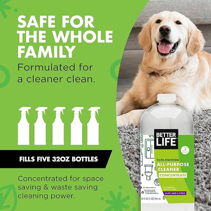 Better Life All Purpose Cleaner Concentrate- Multipurpose Home and Kitchen Cleaner for Glass, Countertops, Appliances, Upholstery & More - 32oz Clary Sage & Citrus Concentrate