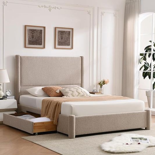 VELOCAVA Queen Size Upholstered Bed Frame with 51.77" Tall Headboard and Soft Rounded Corners, Side Storage Drawers, 12-Slat Support, No Box Spring Needed, Linen-Blend Fabric, Beige