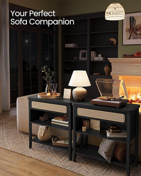 VASAGLE Console Table with Power Outlets, Entryway Table with Storage Shelf, Sofa Table with Drawer, Open Compartment, Rounded Corners, for Living Room, Boho Style, Ash Black ULNT140B21