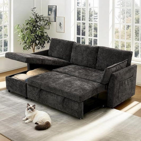 FLEXISPOT XB5 78" Pull Out Couch Bed with Storage Chaise, 2-in-1 Convertible Sofa Bed with USB Charging Ports, 3-Seater Sectional Sofa Couch for Living Room Apartment, Easy to Assemble(Dark Gray)