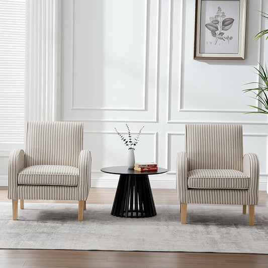 Striped Accent Chair for Living Room Set of 2, Farmhouse Linen Upholstered Striped Arm Chair Seat Reading Chairs Bedroom Side Seating for Home Office, Beige with Stripe