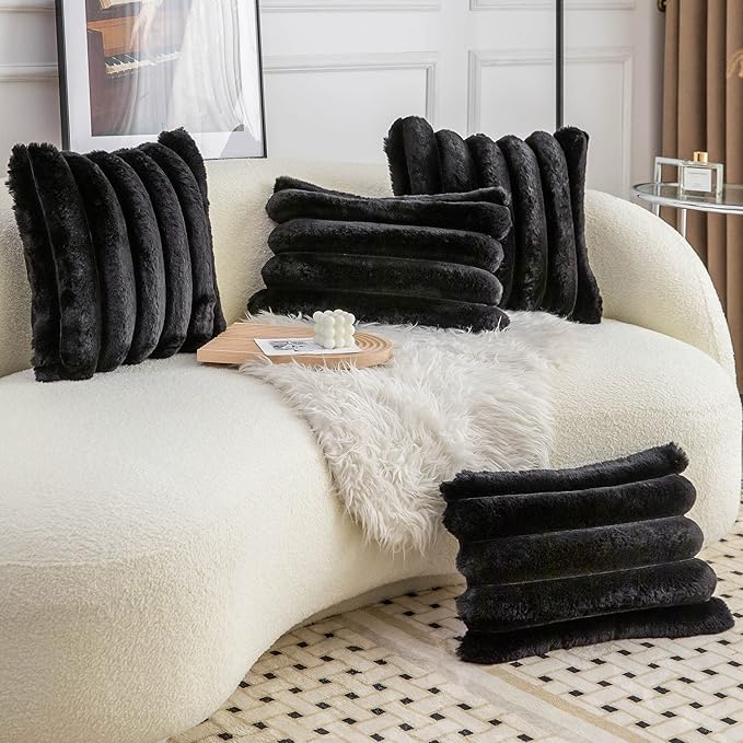 Neelvin Black Faux Fur Cozy Soft Striped Decorative Throw Pillow Covers 18x18 inch Set of 2,Velvet Pillowcase Cushion Case for Sofa Couch