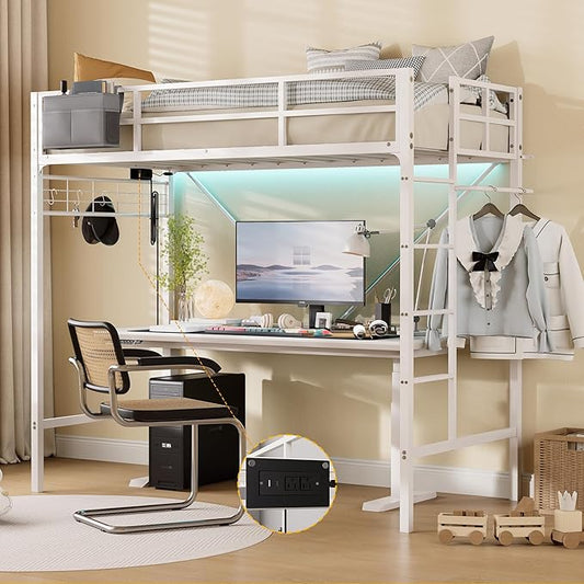 Loft Bed Twin,Loft Bed with Built-in Power Outlet LED Lights,Clothing Hanger Space Saving,Storage Pouch,Heavy Duty Metal Safety Guard Rail for Kids Teens Adults,No Box Spring Needed,White