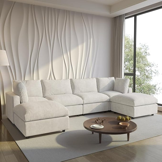 WJShome Cloud Couch Modular Sectional Sofa, 134" U Shaped Couch for Livingroom, Oversized Convertible Wide Seater with 2 Ottomans Living Room Set, Covers Washable&Replaceable,Beige