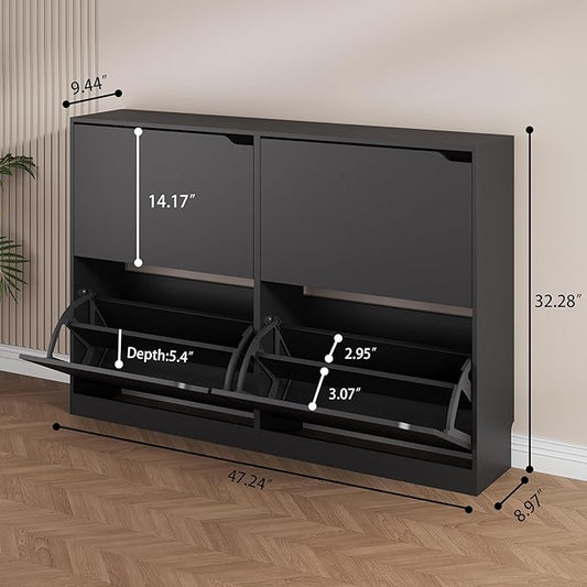 Shoe Storage Cabinet, Wood Shoe Organizer for Entryway with 4 Flip Drawers, Freestanding Shoe Rack with Adjustable Shelf, Narrow Shoe Dresser for Front Door Entrance(Black, 47.24" x 32.28" x 9.44")